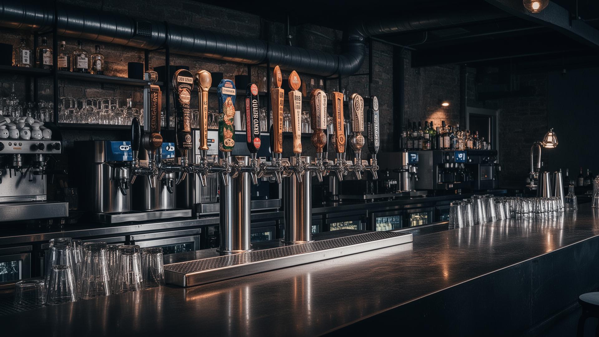 Draft beer taps along a bar